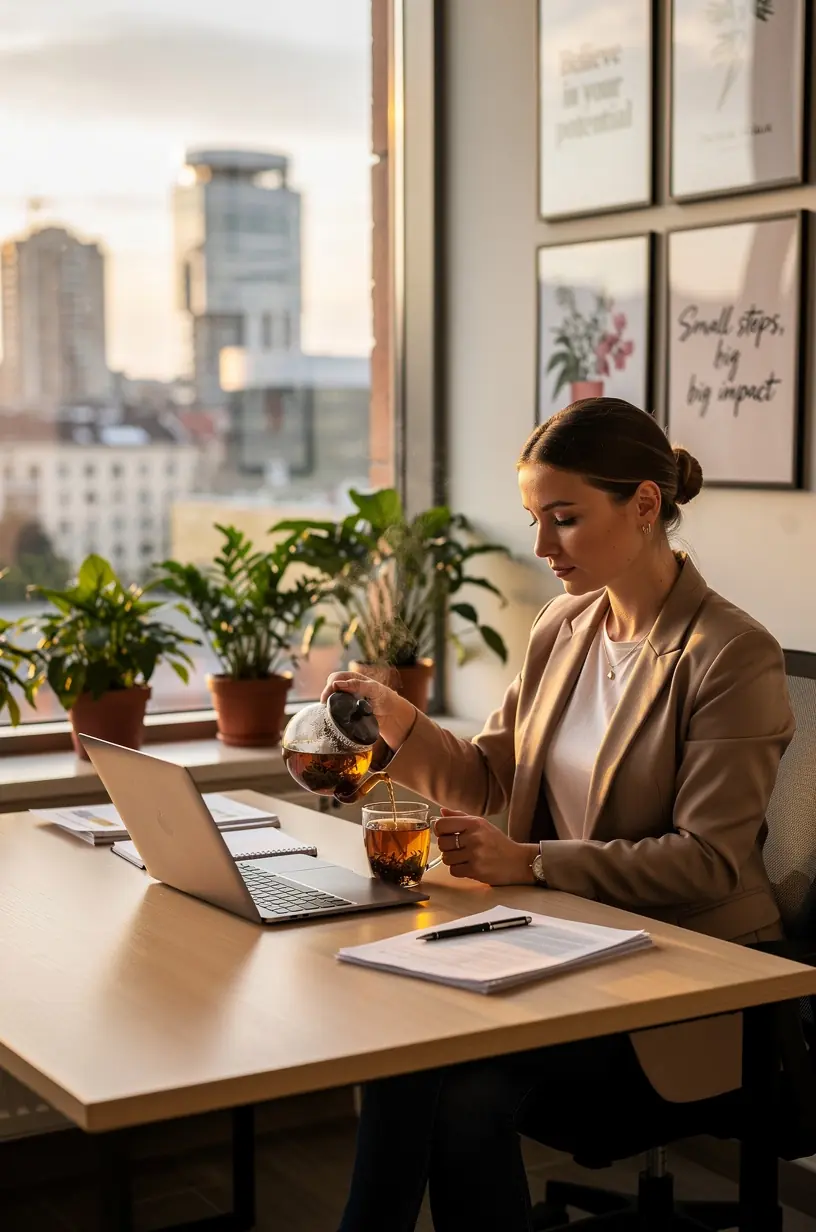 Stiklinė vandens ir žolelių arbatos puodelis šalia, iliustruojantys hidratacijos svarbą dienos metu.