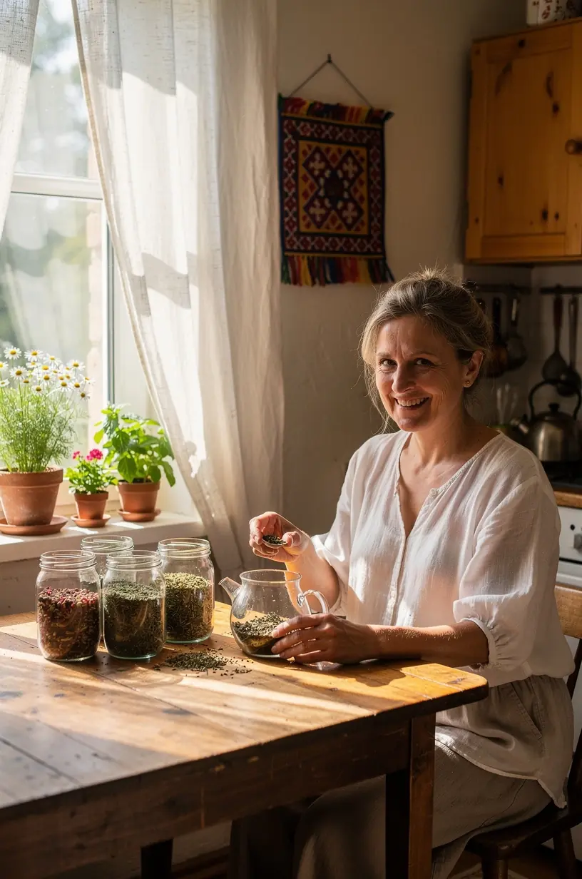 Moters ranka pilanti karštą vandenį į arbatinuką su žolelėmis, demonstruojant kasdienio naudojimo lengvumą.