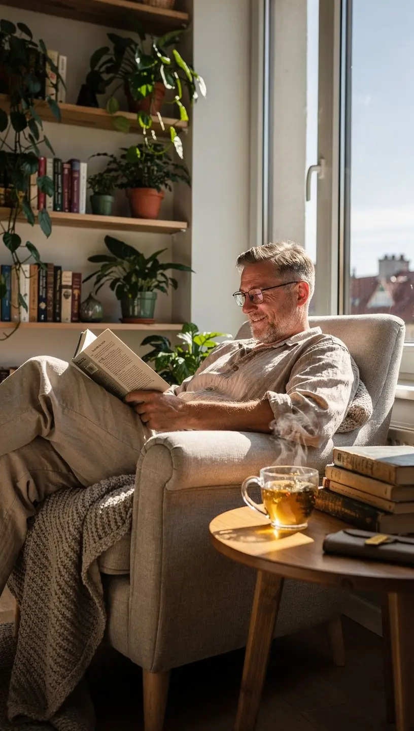 Vyras, ramiai gurkšnojantis žolelių arbatą prie lango, parodantis komforto ir atsipalaidavimo naudą.