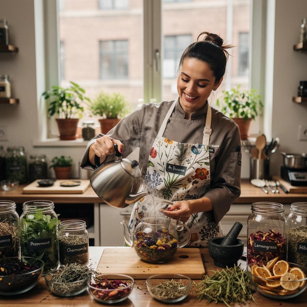 Šviežių žolelių lapų ir džiovintų vaistinių augalų kompozicija, skirta kasdieniam arbatos ruošimui.