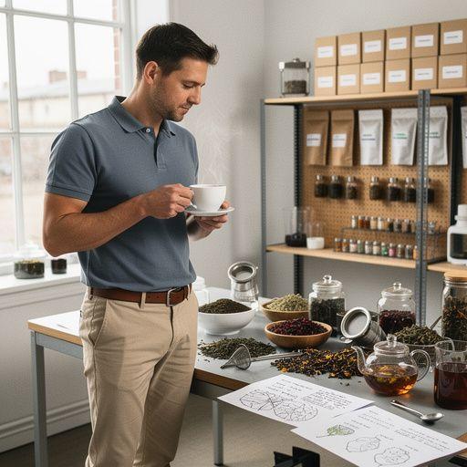 Žmonių grupė, besimėgaujanti ramia arbatos pertraukėle lauke, pabrėžiant natūralų gyvenimo būdą.